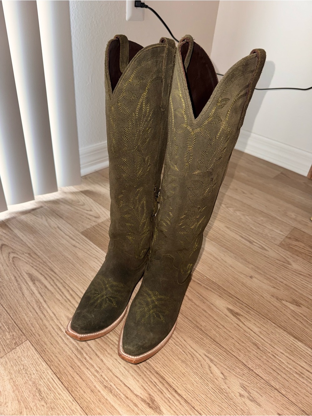 Olive Green Suede Knee High Western Boots